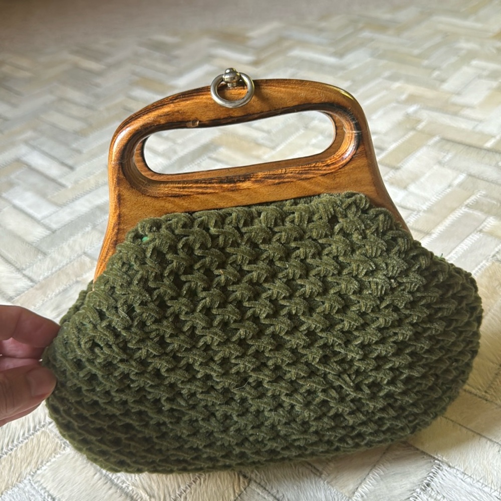 Vintage Contessa velvety chenille woven lined bag w/ wooden handle from Japan